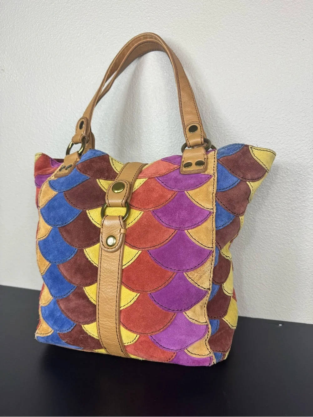 Lucky Brand patchwork colorful leather bag Y2K Boho quilted suede 70s style EUC
